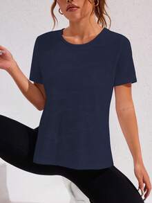 Gameset SHEIN Sport 迷彩提花网眼拼布短袖运动上衣，春夏季健身女式衬衫 - 藏蓝色 - 查看 4