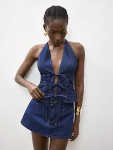 Maija Áo croptop denim hở lưng cổ yếm gợi cảm dành cho nữ mùa hè - Rửa tối - Xem 6