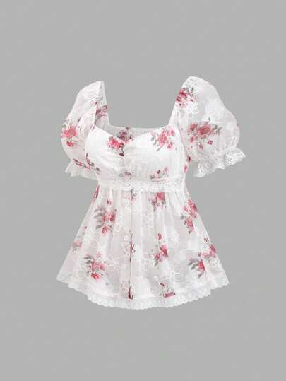 Sweetra Spring/Summer Women's French Ditsy Floral Fabric Beach Vacation Sweetheart Neck Petal Sleeve Ruffled Pink Blouse, Summer