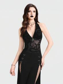Breakform Áo croptop nữ phong cách Gothic gợi cảm, chất liệu lưới nhung, họa tiết da rắn, hở lưng, cổ chữ V sâu, thắt dây cổ, trang trí kim loại hình da rắn. - màu đen - Xem 9