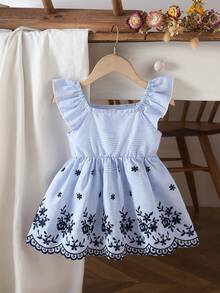 女婴休闲可爱刺绣荷叶边吊带连衣裙，适合日常外出穿着 - 藍色 - 查看 3
