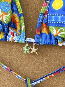 Swim Vcay Vacation Printed Halter Strap Triangle Bikini Top With Tie Side Triangle Bottoms 2 Pieces Set - Multicolor - View 3