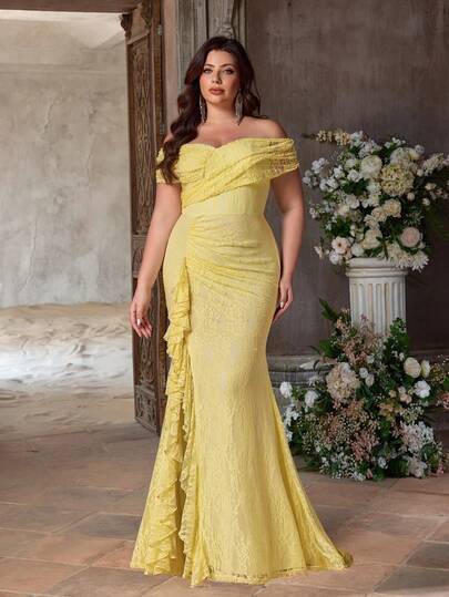 Glamrae Vestido elegante y romántico de talla grande con encaje amarillo claro, hombros descubiertos, manga única, drapeado, abertura alta y bajo de sirena, adecuado para fiesta de noche, fiesta de solteros, cita, baile, vacaciones, boda, dama de honor
