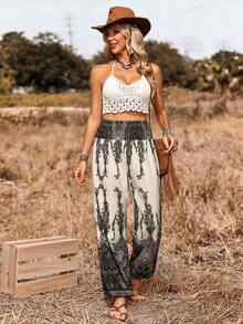 LanaWest Women's Retro Print Casual Loose Elastic Waist Pants, With Drawstring Hem, Suitable For Holiday Wear - Multicolor - View 3