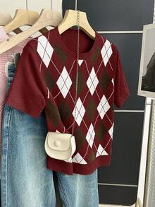 Franclia New Arrival Spring/Summer Retro College Style Colorblock Plaid Knit Pullover Sweater For Women - Burgundy - View 4