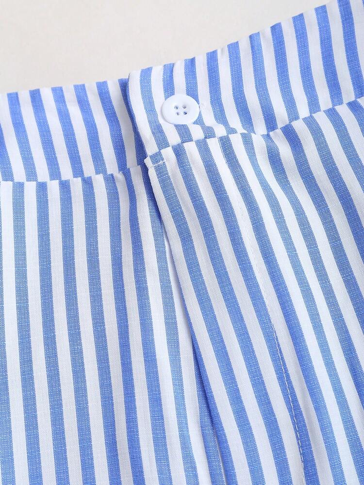 Sweetra Women's New Sexy Baddie Style Blue & White Striped 2-Piece Set, Tie-Up Vest Top And Pleated Wide Leg Pants - Blue and White - View 8