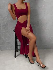 SHEIN Holidaya 女士酒红色性感镂空扭结前开衩大腿长裙，适合舞会、锐舞派对、街头服饰、演唱会、夜店、约会、生日派对、婚礼派对、度假风、休闲、高品质、修身长裙、派对礼服、正式场合等各种场合。 - 酒紅色 - 查看 5
