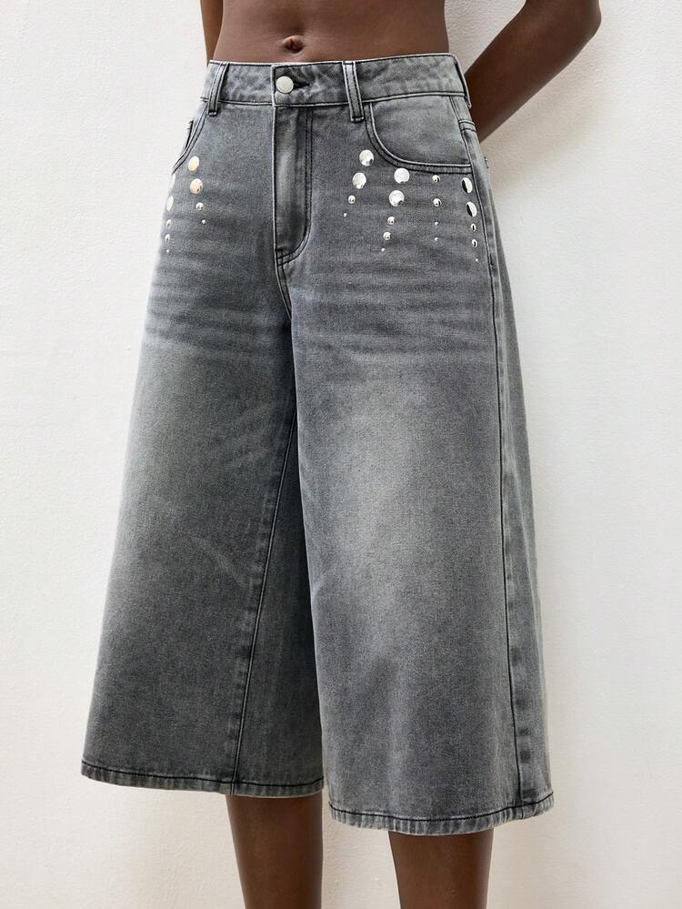 SHEIN Maija Women's Casual Washed Wide Leg Capri Length Jeans