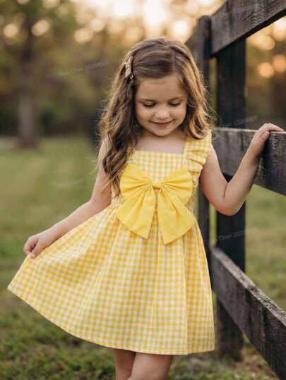 SHEIN Young Girl Woven Plaid Square Collar Ruffle Hem Casual Dress