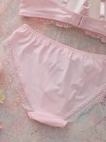 Conjunto de lencería con sujetador balconette acolchado con aros bordado con flores y babydoll lindo, fresco y romántico - Rosa - Ver 6