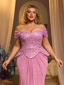 Glamrae Đầm maxi dáng đuôi cá màu hồng sen thanh lịch, lãng mạn, trễ vai, xuyên thấu, viền xương cá, phù hợp cho hẹn hò, kỳ nghỉ, tiệc độc thân, đám cưới, tựu trường và mọi dịp trang trọng. - Hồng - Xem 8