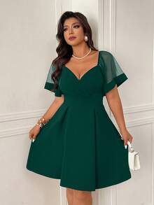 Femmeverse Đầm chữ A phối lưới mới dành cho nữ cỡ lớn, tôn dáng và thanh lịch. - Màu xanh lá cây đậm - Xem 6