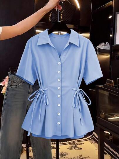 Franclia Outdoor Classic Casual Street Style Vacation Romantic Sweet Shirt Collar Cardigan Short Sleeve Waist Tie Waist Cinched Waist Valentine's Day Date Holiday Party Beach Photogenic Charm Urban Chic Everyday Versatile Elegant Business Office Commute Women Top Women Shirt Women Lightweight Jacket