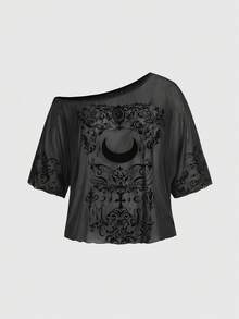 ROMWE Romantic Gothic Retro Baroque Vine Moon Pattern Flocked Fabric Spring/Summer Vacation Hippie Texture Loose Shoulder Blouse For Plus Size Women - Black - View 2