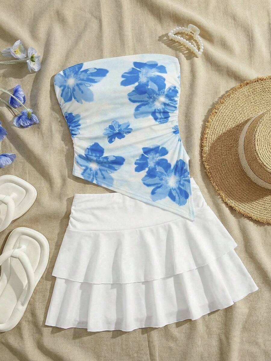 SHEIN Tween Girls' Fashionable & Elegant Knit Printed Tank Top Set - Blue - View 1