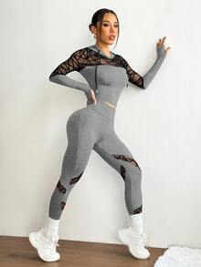 SHEIN Sports 女士抽绳连帽网眼拼接长袖上衣和高腰紧身打底裤休闲运动套装 - 灰色 - 查看 6