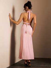 Glamine 粉色露背吊带性感V领高开衩修身无袖不对称长裙，尽显优雅气质，适合舞会、锐舞派对、街头风、演唱会、夜店、约会、生日派对、婚礼等各种场合。 - 粉色 - 查看 2