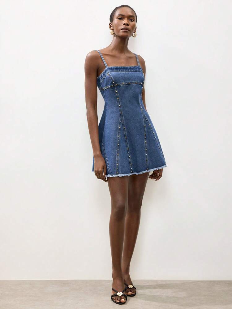 SHEIN Maija Damska letnia, swobodna sukienka dżinsowa z koralikami i ramiączkami typu spaghetti