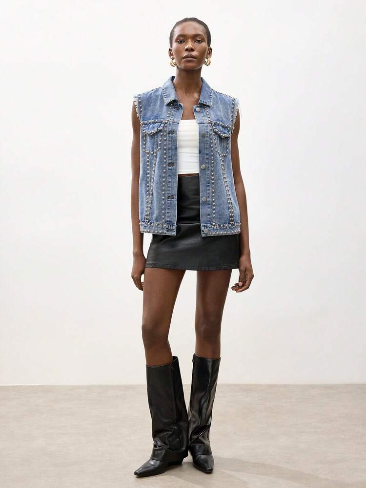 SHEIN Maija Women's Blue Studded Denim Vest, Sleeveless Vest, Y2K Style, Summer Rock Women's Wear,Summer Studded Top