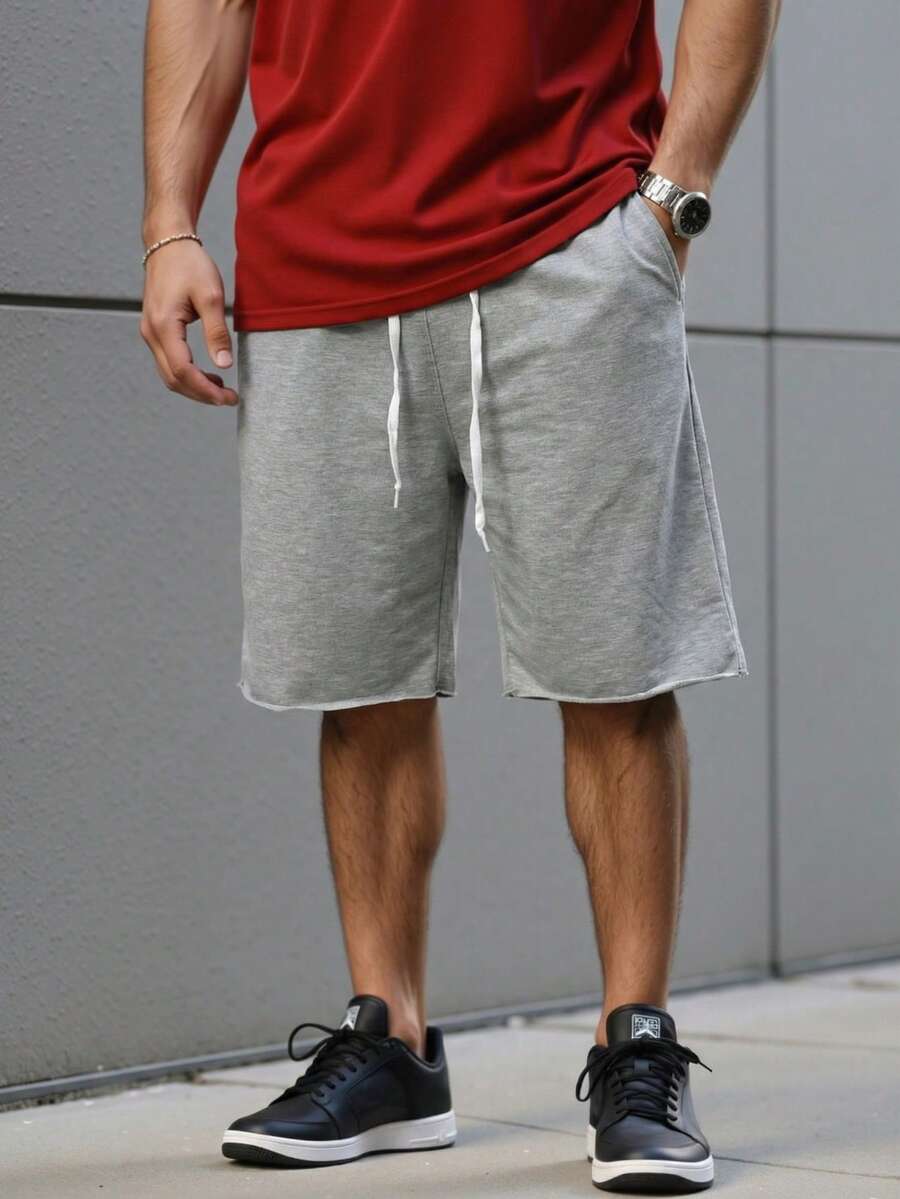 Manfinity Homme 加大码男士休闲破洞撞色抽绳腰短裤,夏季款,非常适合情侣穿着,也是送给男友或丈夫的绝佳礼物。 - 灰色 - 查看 1