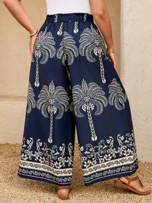 Breezaya Plus Size Women's Wide Leg Summer Beach Coconut Tree Print Pants - Blue and White - View 2