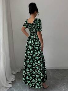 Rafferiza Women's Multicolor Elegant Long Dress With Sweetheart Neckline Puff Sleeves And Floral Random Print - Multicolor - View 2