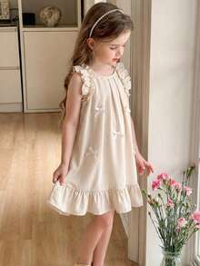 SHEIN Young Girl Woven Round Neck Ruffle Hem Casual Dress Boho Flower White Summer Party Apricot Tan Neutral Nude Beige Dress For Girls - Beige - View 5