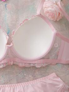 Conjunto de lencería con sujetador balconette acolchado con aros bordado con flores y babydoll lindo, fresco y romántico - Rosa - Ver 7