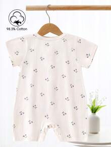 Baby Girls' Summer Outfit, Lightweight Infant Girls' Romper, Cute Cherry Pattern Casual Vacation Style Short Sleeve Crew Neck - Beige - View 2