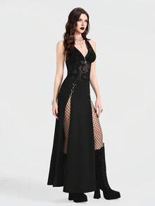 Breakform Áo croptop nữ phong cách Gothic gợi cảm, chất liệu lưới nhung, họa tiết da rắn, hở lưng, cổ chữ V sâu, thắt dây cổ, trang trí kim loại hình da rắn. - màu đen - Xem 7