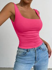 SHEIN PETITE 荧光粉色方领无袖背心，适合演唱会、夜店、约会、舞会、锐舞派对、生日派对、派对必备、基础款、外出、休闲针织等各种场合。 - 粉色 - 查看 3