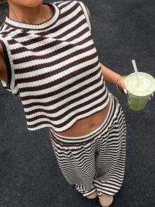 Muchica 女士条纹吊带背心和裤子两件套，休闲夏季套装 - 彩色 - 查看 6