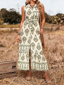LanaWest Women's Vacation Western Casual Bohemian Style Printed Tie-Up Dress - Green - View 5
