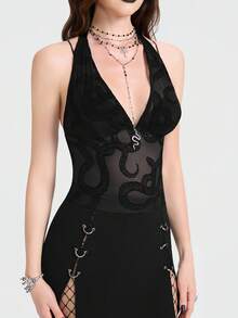 Breakform Áo croptop nữ phong cách Gothic gợi cảm, chất liệu lưới nhung, họa tiết da rắn, hở lưng, cổ chữ V sâu, thắt dây cổ, trang trí kim loại hình da rắn. - màu đen - Xem 5