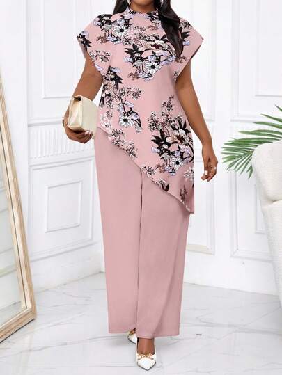 SHEIN Lady Four Seasons Two Pieces Sets Women's Autumn Two Pieces Sets Casual Elegant Women's Pink Floral Print Woven Stand Collar Elegant Layered Women's Autumn Sets New Women's Two Pieces Sets Women's Casual Plus Size Sets