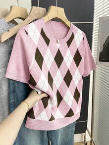 Franclia New Arrival Spring/Summer Retro College Style Colorblock Plaid Knit Pullover Sweater For Women - Pink - View 4