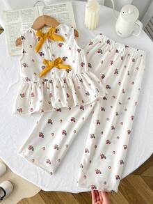 SHEIN 2pcs/Set Young Girl Ditsy Floral Sleeveless Tank Top & Loose Casual Pants Set - Apricot - View 4