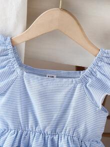 女婴休闲可爱刺绣荷叶边吊带连衣裙，适合日常外出穿着 - 藍色 - 查看 10