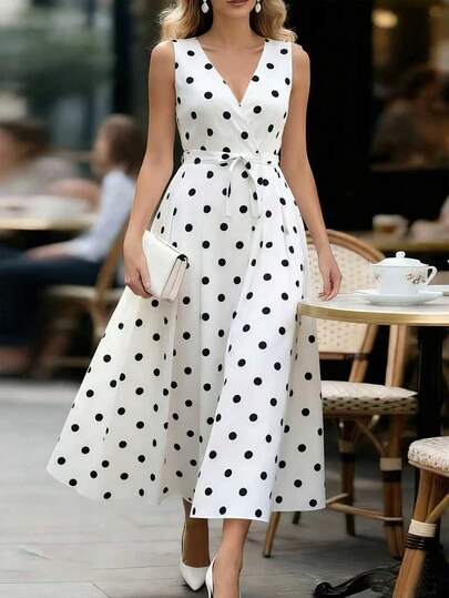 Franclia Vestido cruzado sin mangas con lunares para mujer