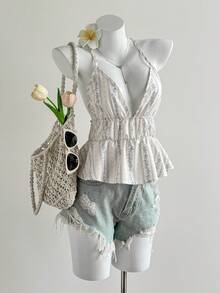 Elamini 女士印花褶皱性感百搭露背上衣 - 彩色 - 查看 3