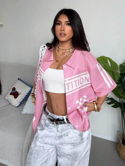 StreetHx Women's Loose Fit Street Sports Event Pink Short Sleeve Shirt