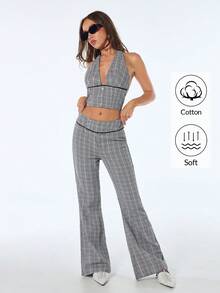 SHEIN ICON Quần ống loe cạp siêu thấp kẻ caro dáng thường ngày dành cho nữ - Xám - Xem 1