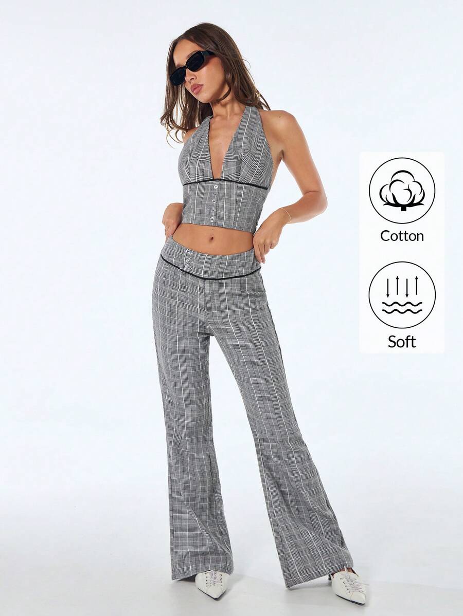 SHEIN ICON Quần ống loe cạp siêu thấp kẻ caro dáng thường ngày dành cho nữ - Xám - Xem 1