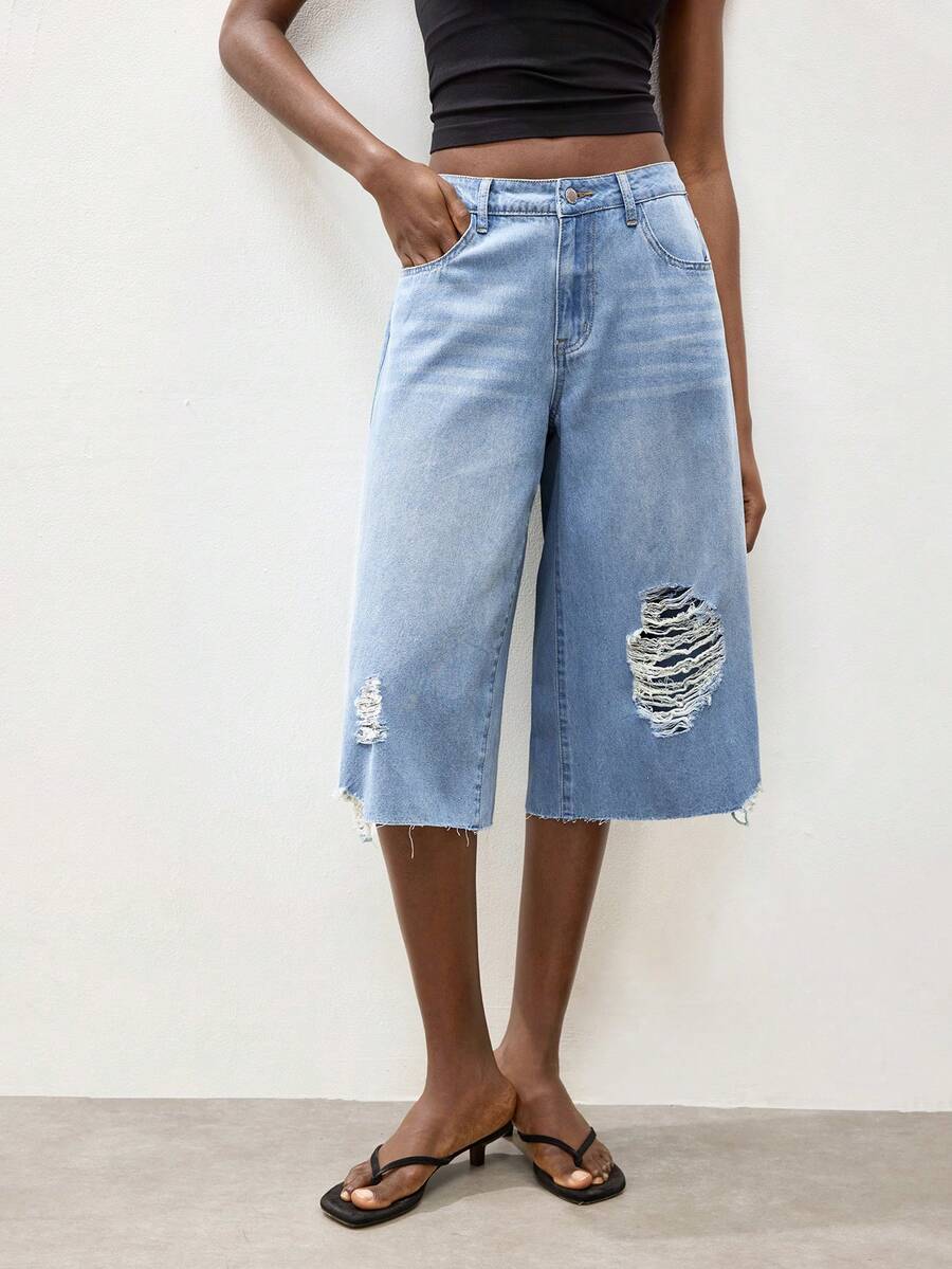 Maija Women's Light Blue Denim Bermuda Shorts, Summer Ripped Shorts, Low-Rise Wide-Leg Pants - Blue - View 1