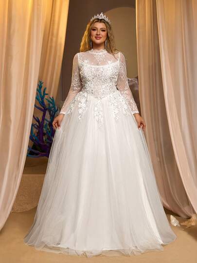 Glamrae 大码优雅奢华浪漫蕾丝拼接薄纱袖巴斯克腰部立体蓬蓬裙，大码婚纱