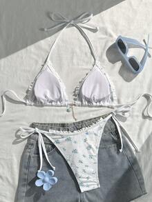Swim Mod Conjunto de biquíni de duas peças para adolescentes, com top frente única com babados e amarração lateral. - Multicolorido - Ver 2