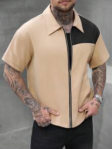 SLATEMANN Men's Casual Contrast Color Zip-Up Short Sleeve Shirt, Summer Zip Up Short Sleeve Shirt Men Zip Up Shirts Mens Color Block Shirt Streetwear Men Shirt Black And Beige Shirt For Men Old Money,Daily Leisure, Weekend Trips, Outdoor Activities, Travel Expeditions, Relaxed Work Environments Or Semi-Formal Occasions, Boyfriend/Husband Gift, Anniversary /Birthday Gift Party Summer Vacation Holiday,Wedding,Spring To Summer Men Cruise Outfit Yacht Outfit Men Men Beach Outfit Set - Multicolor - View 3