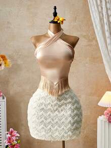 Zolique Women's Solid Color Wrap Around Neck Backless Fringe Hem Fitted Sleeveless Blouse - Champagne - View 6