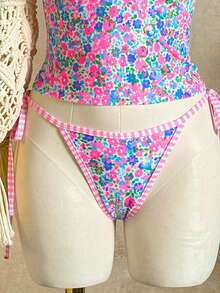 Swim Mod Women's Summer Beach Vacation Ditsy Floral Trim Backless Tie-Front Tankini Swimwear - Multicolor - View 3