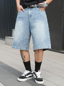 Manfinity EMRG 男士街头时尚休闲印花斑马纹蓝色牛仔短裤 - 中等水洗藍 - 查看 2